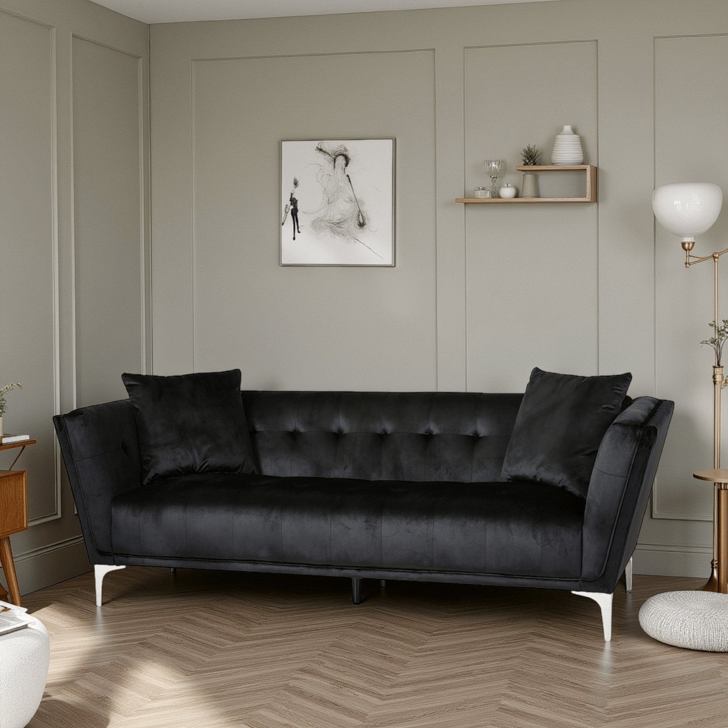 Canapé Sofy, Chesterfield moderne de 87 pouces, velours noir élégant avec 2 oreillers