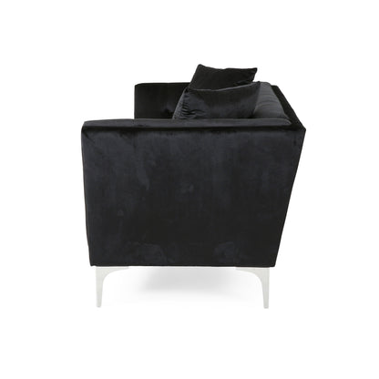 Canapé Sofy, Chesterfield moderne de 87 pouces, velours noir élégant avec 2 oreillers