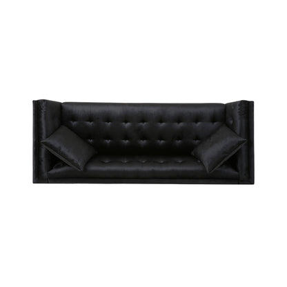 Canapé Sofy, Chesterfield moderne de 87 pouces, velours noir élégant avec 2 oreillers