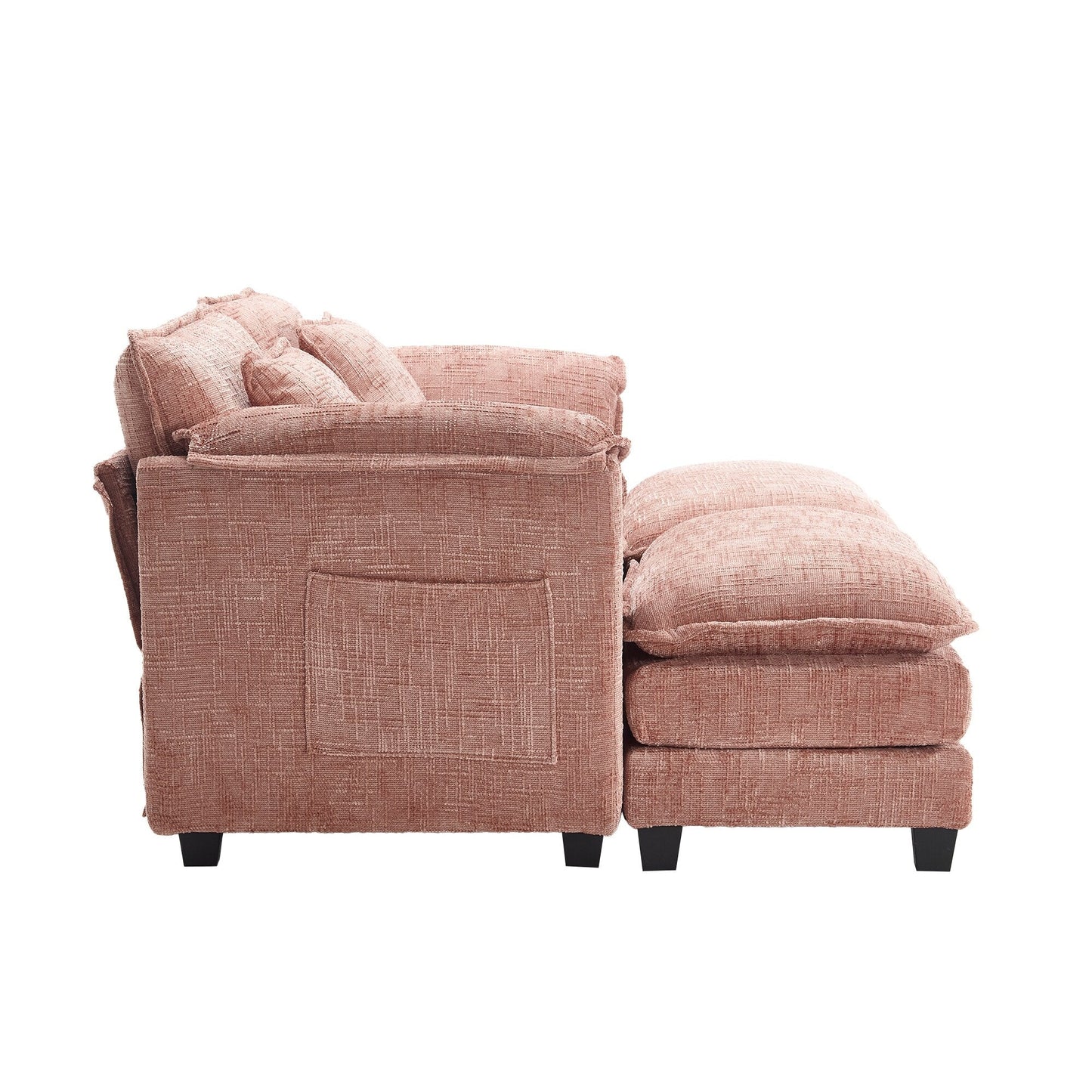 Construction solide, la structure globale du canapé est stable, deux repose-pieds et un canapé deux places avec poches latérales