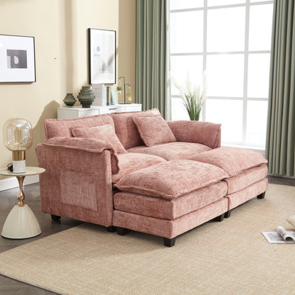 Construction solide, la structure globale du canapé est stable, deux repose-pieds et un canapé deux places avec poches latérales