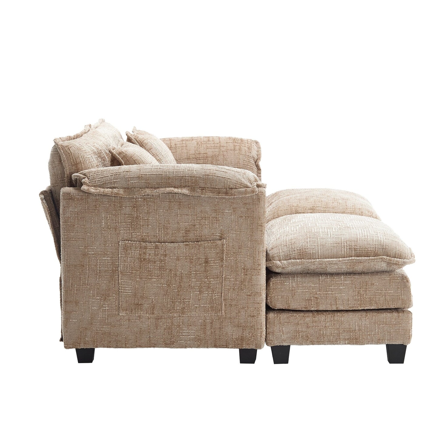 Construction solide, la structure globale du canapé est stable, deux repose-pieds et un canapé deux places avec poches latérales