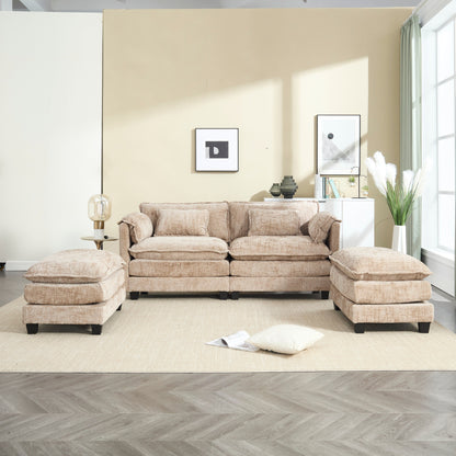 Construction solide, la structure globale du canapé est stable, deux repose-pieds et un canapé deux places avec poches latérales