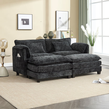 Construction solide, la structure globale du canapé est stable, deux repose-pieds et un canapé deux places avec poches latérales