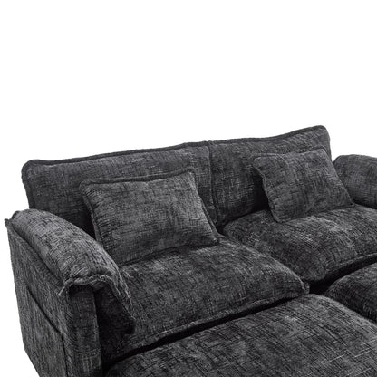 Construction solide, la structure globale du canapé est stable, deux repose-pieds et un canapé deux places avec poches latérales