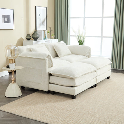 Construction solide, la structure globale du canapé est stable, deux repose-pieds et un canapé deux places avec poches latérales