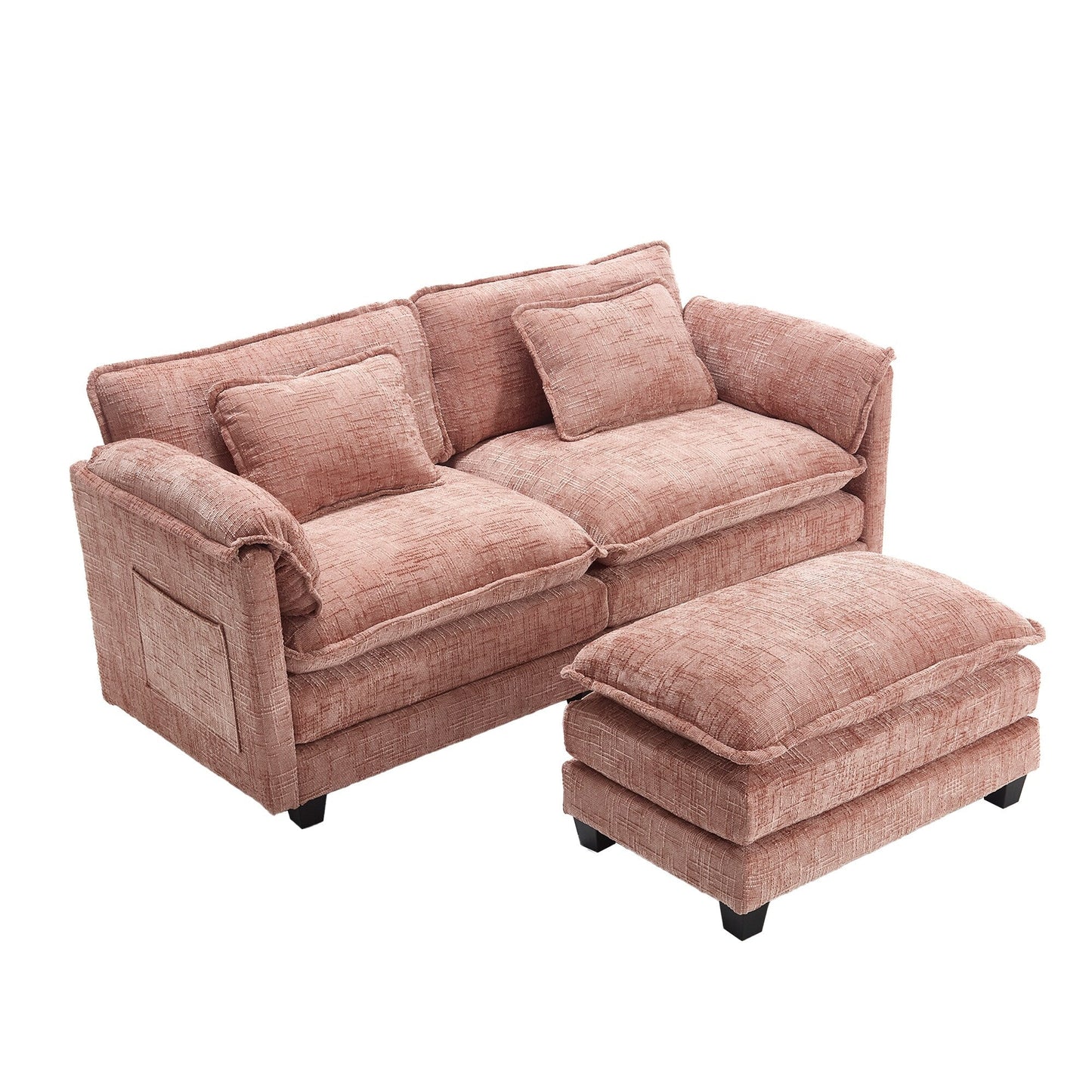 Construction solide, la structure globale du canapé est stable, deux repose-pieds et un canapé deux places avec poches latérales