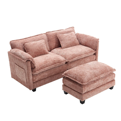 Construction solide, la structure globale du canapé est stable, deux repose-pieds et un canapé deux places avec poches latérales