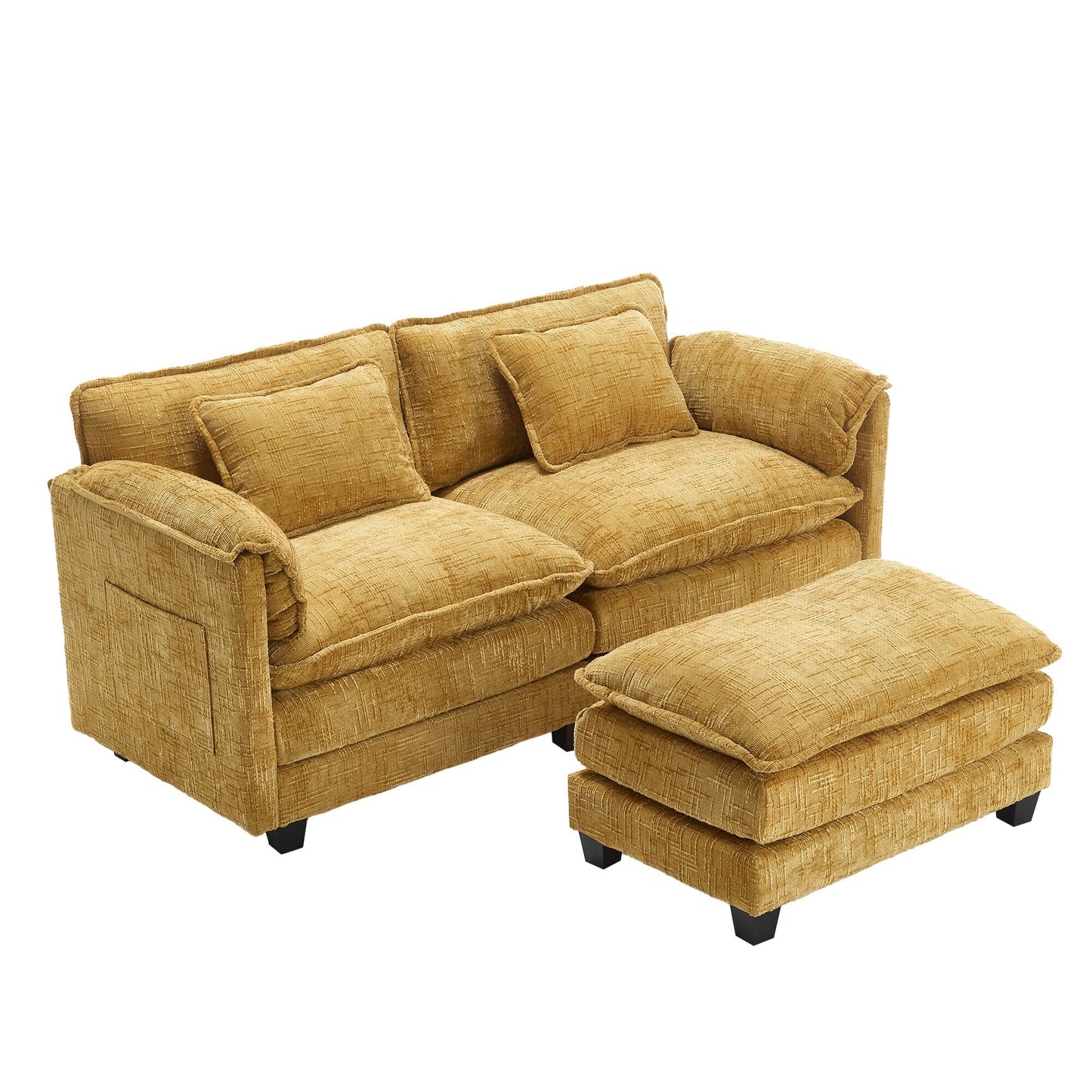 Construction solide, la structure globale du canapé est stable, deux repose-pieds et un canapé deux places avec poches latérales