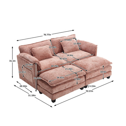 Construction solide, la structure globale du canapé est stable, deux repose-pieds et un canapé deux places avec poches latérales