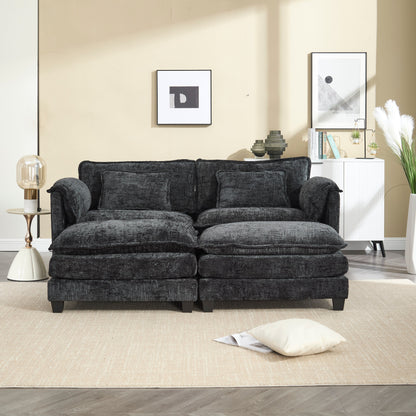 Construction solide, la structure globale du canapé est stable, deux repose-pieds et un canapé deux places avec poches latérales