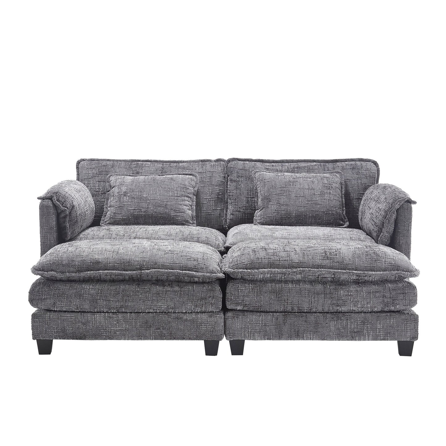 Construction solide, la structure globale du canapé est stable, deux repose-pieds et un canapé deux places avec poches latérales