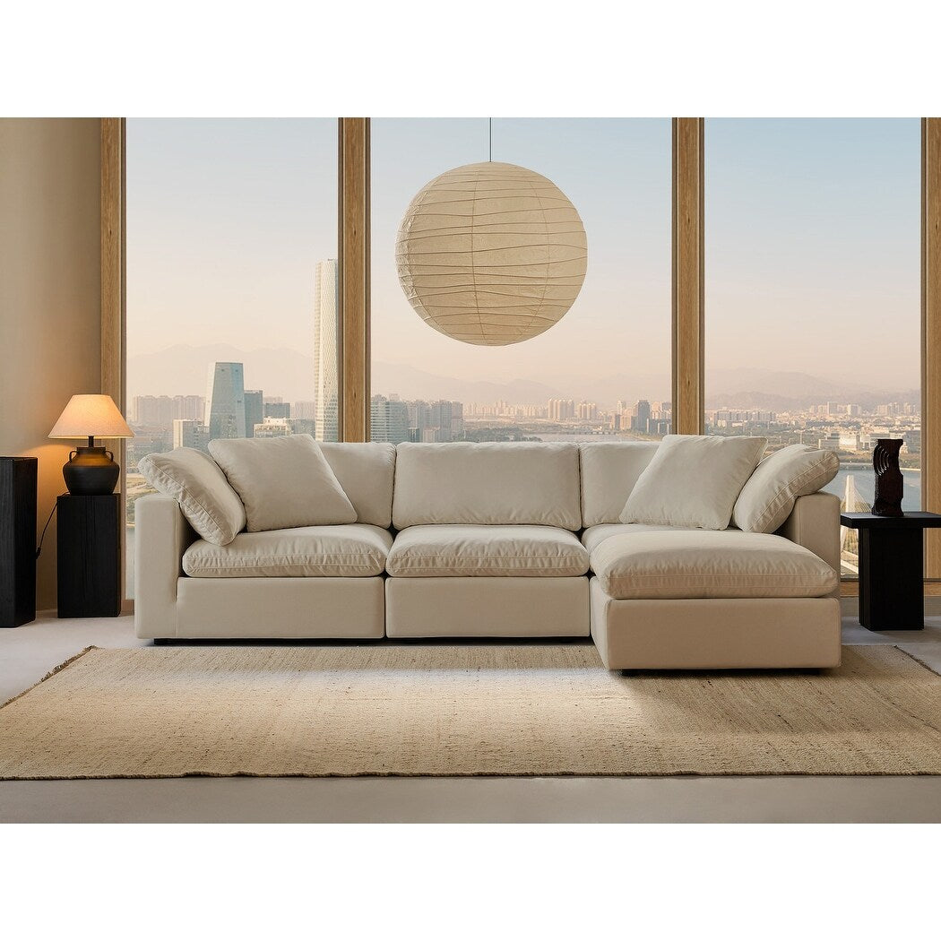 Canapé d'angle rectangulaire en lin beige avec accoudoirs carrés