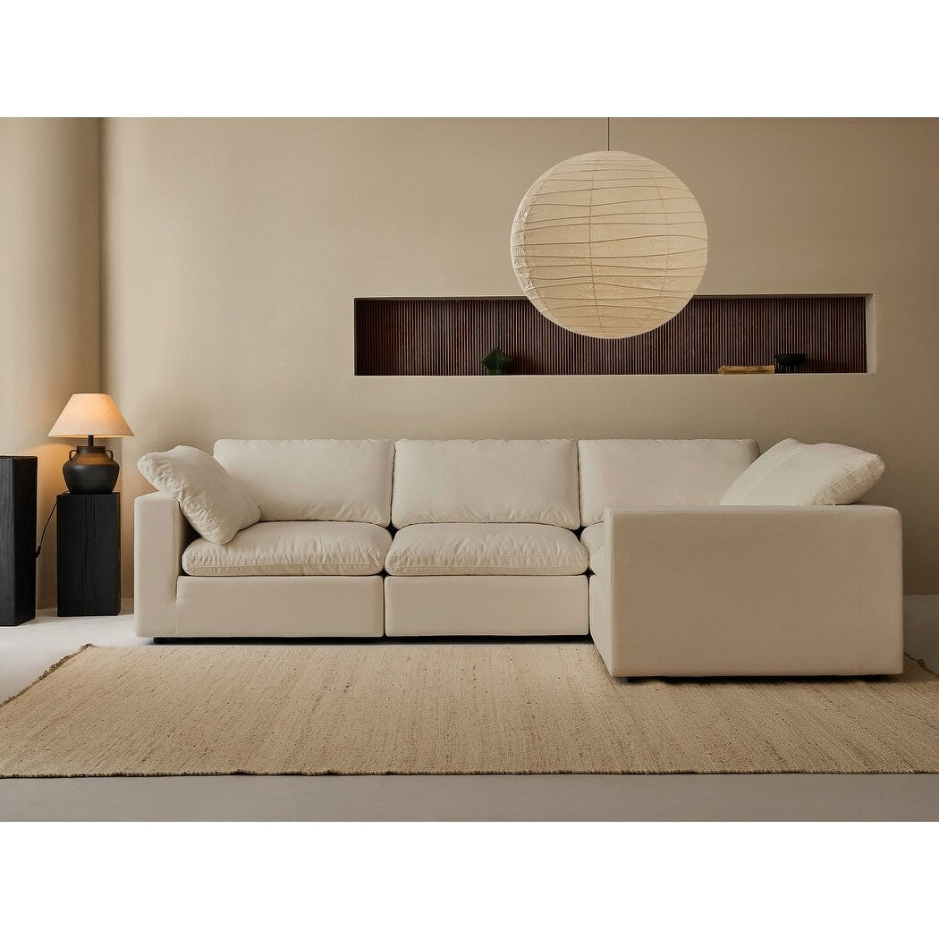 Canapé d'angle rectangulaire en lin beige avec accoudoirs carrés