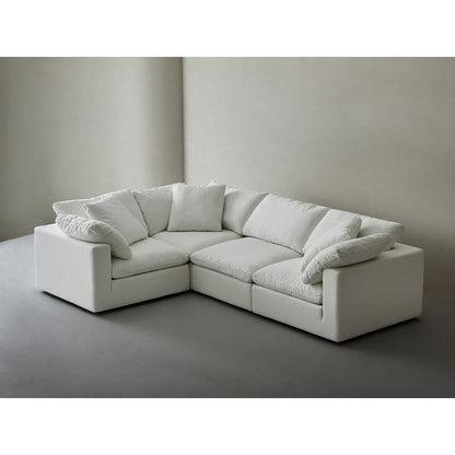 Canapé d'angle rectangulaire en lin à accoudoirs carrés, blanc perle