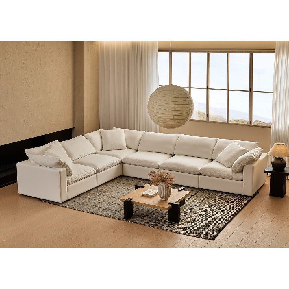 Canapé d'angle rectangulaire en lin à accoudoirs carrés, blanc perle