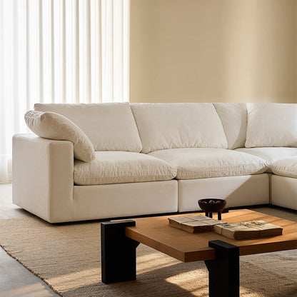 Canapé d'angle rectangulaire en lin à accoudoirs carrés, blanc perle