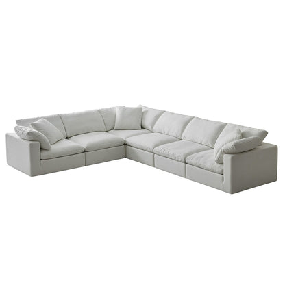 Canapé d'angle rectangulaire en lin à accoudoirs carrés, blanc perle