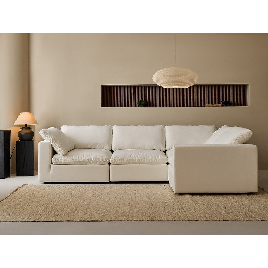 Canapé d'angle rectangulaire en lin à accoudoirs carrés, blanc perle