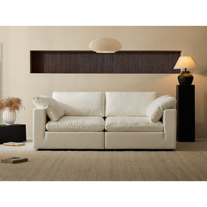 Canapé d'angle rectangulaire en lin à accoudoirs carrés, blanc perle