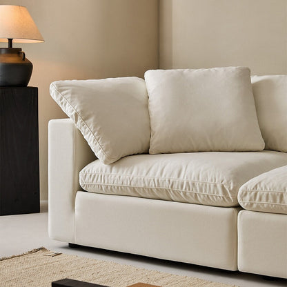 Canapé d'angle rectangulaire en lin à accoudoirs carrés, blanc perle