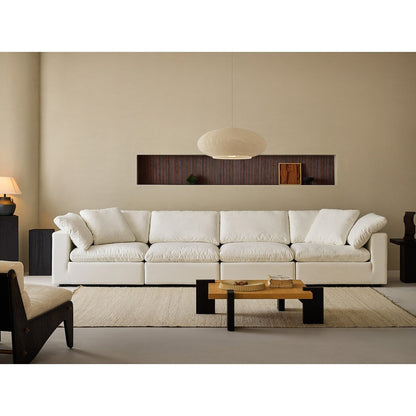 Canapé d'angle rectangulaire en lin à accoudoirs carrés, blanc perle