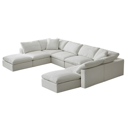 Canapé d'angle rectangulaire en lin à accoudoirs carrés, blanc perle