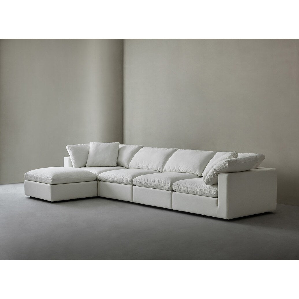 Canapé d'angle rectangulaire en lin à accoudoirs carrés, blanc perle