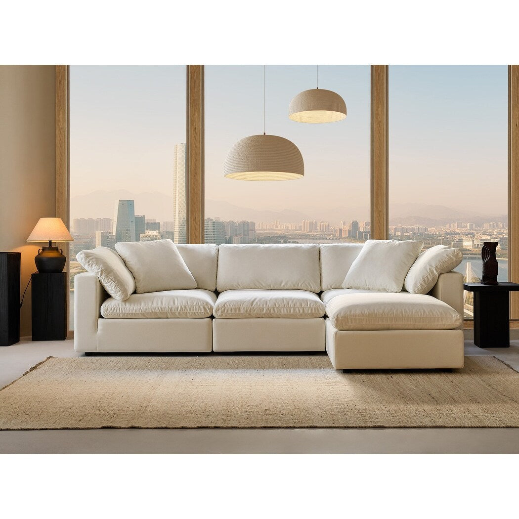 Canapé d'angle rectangulaire en lin à accoudoirs carrés, blanc perle