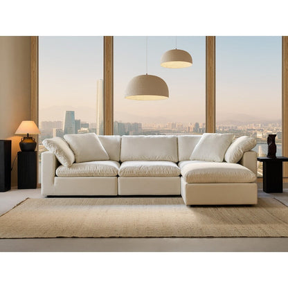 Canapé d'angle rectangulaire en lin à accoudoirs carrés, blanc perle