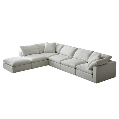 Canapé d'angle rectangulaire en lin à accoudoirs carrés, blanc perle