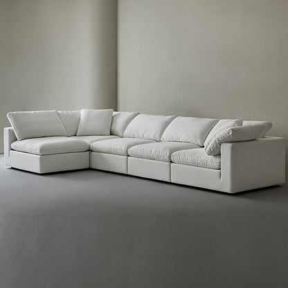 Canapé d'angle rectangulaire en lin à accoudoirs carrés, blanc perle