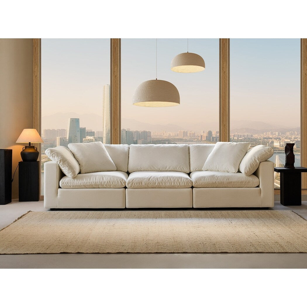 Canapé d'angle rectangulaire en lin à accoudoirs carrés, blanc perle