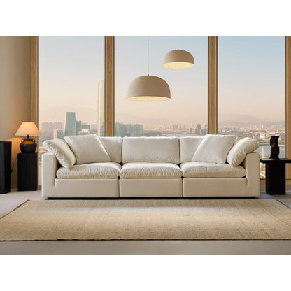 Canapé d'angle rectangulaire en lin à accoudoirs carrés, blanc perle