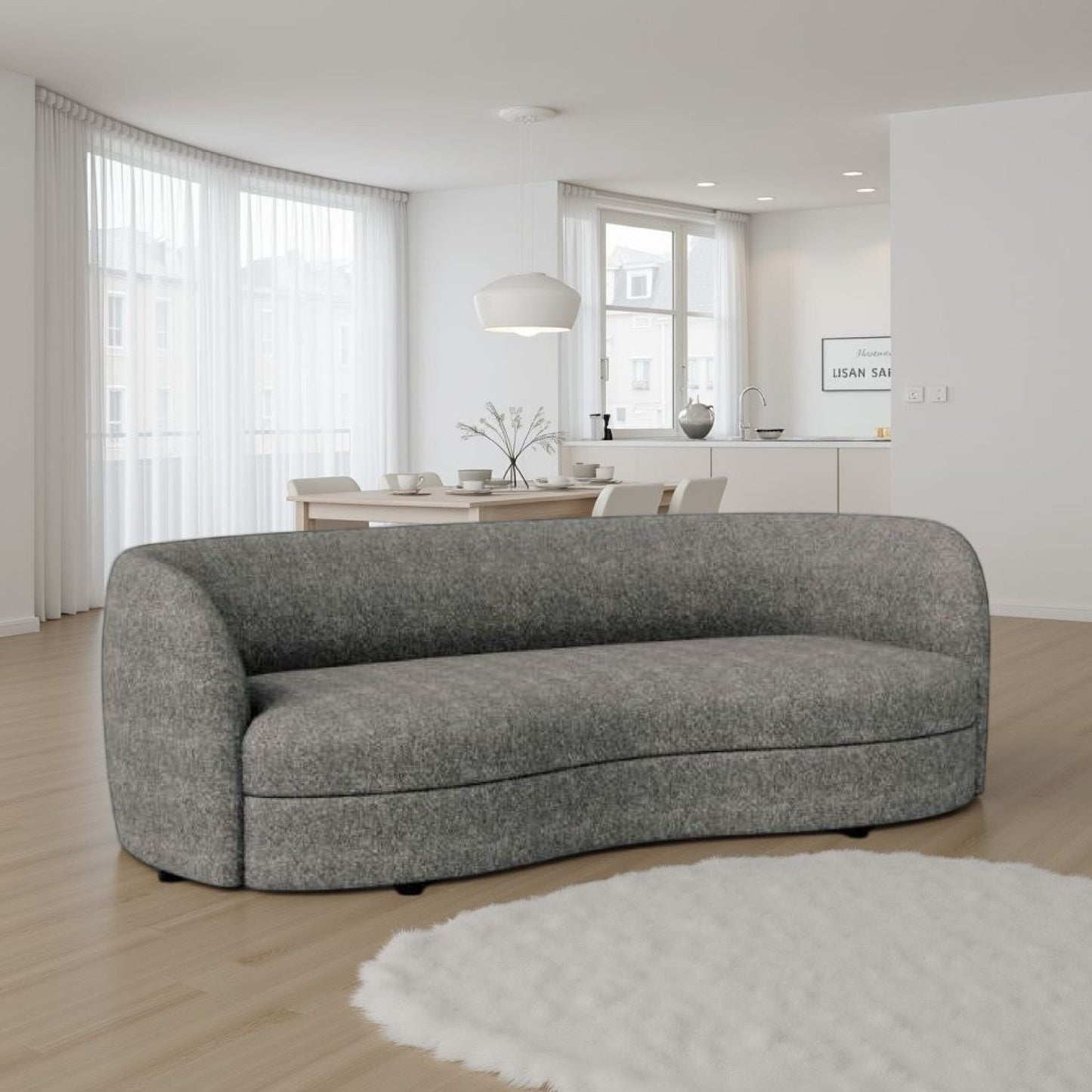 Canapé Srey, 84 pouces, boucle gris anthracite, forme de rein incurvée et lisse