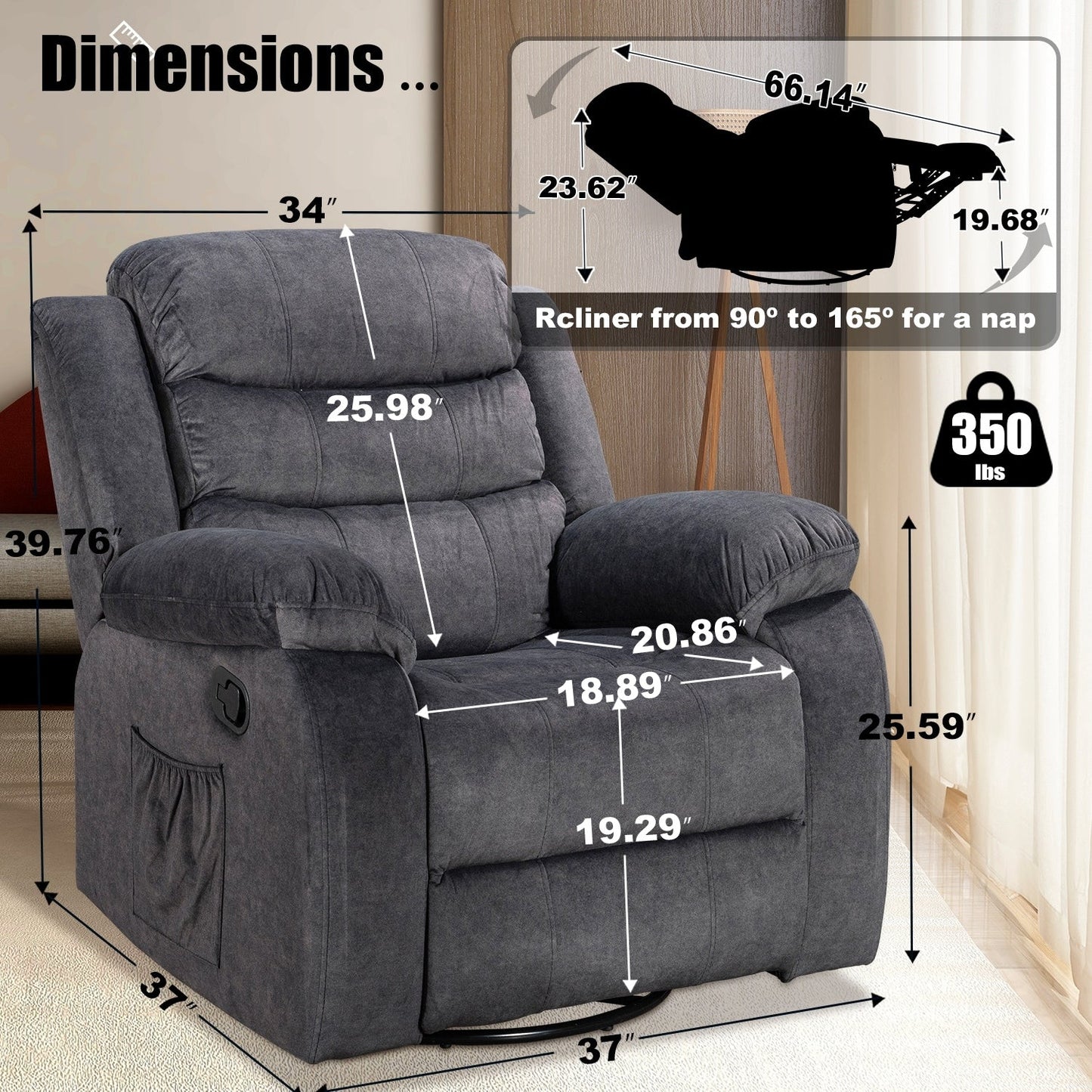Fauteuil inclinable standard avec fonction bascule et pivot pour salon