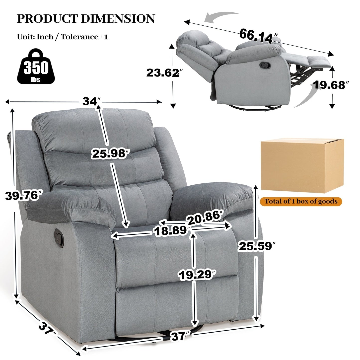 Fauteuil inclinable standard avec fonction bascule et pivot pour salon