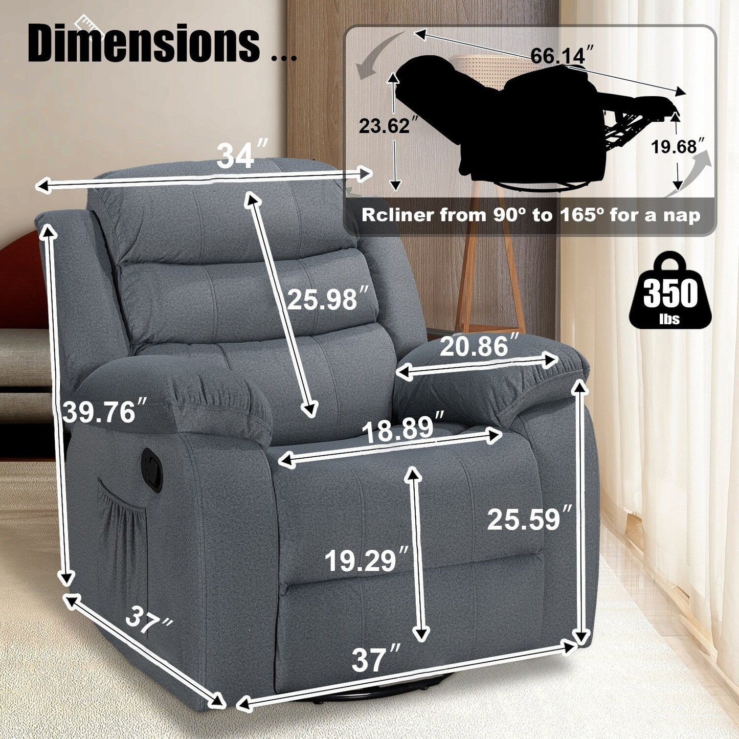 Fauteuil inclinable standard avec fonction bascule et pivot pour salon