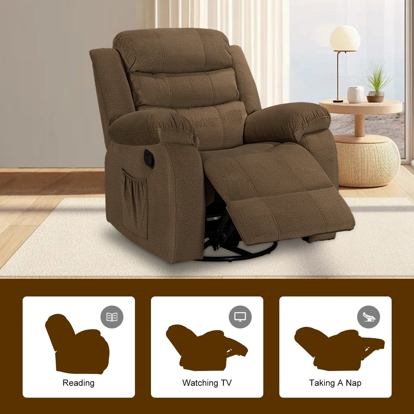 Fauteuil inclinable standard avec fonction bascule et pivot pour salon