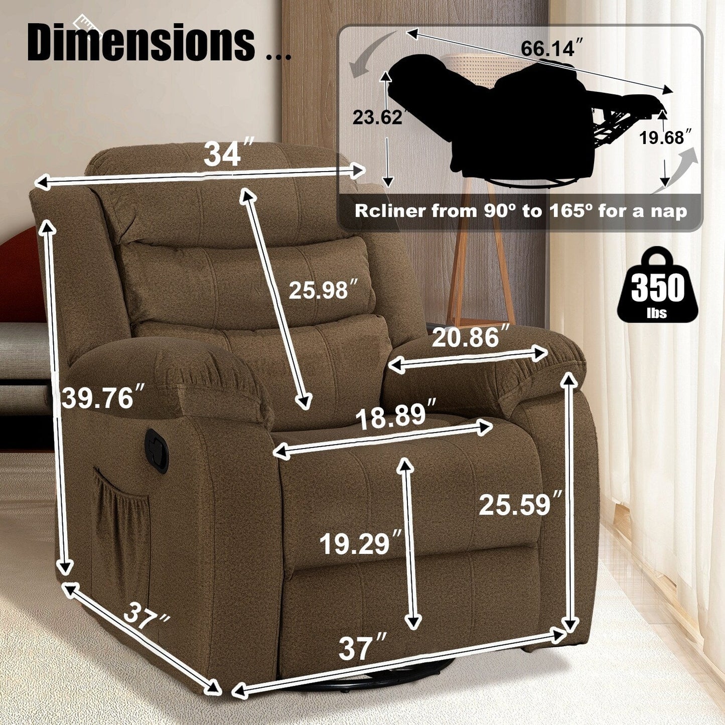 Fauteuil inclinable standard avec fonction bascule et pivot pour salon