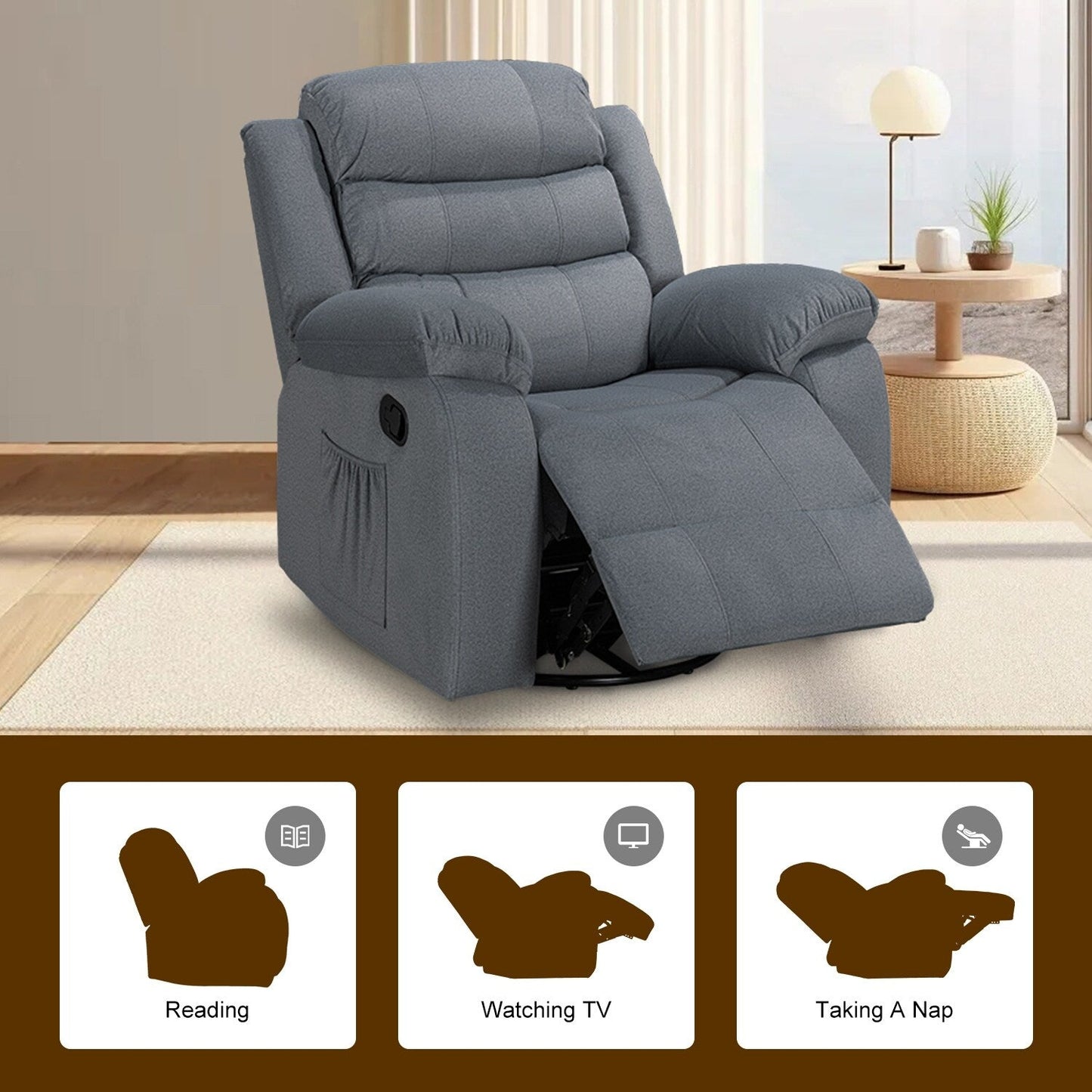 Fauteuil inclinable standard avec fonction bascule et pivot pour salon