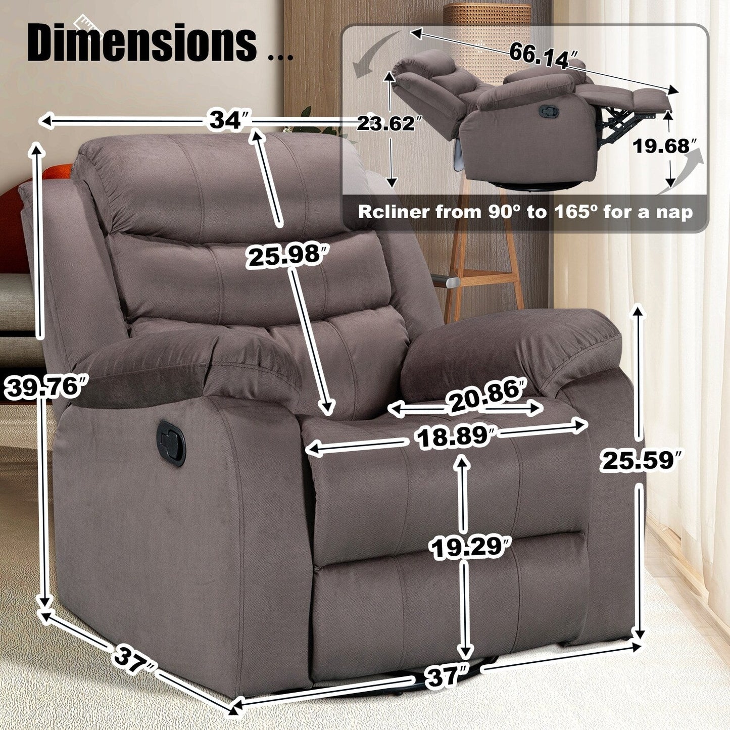 Fauteuil inclinable standard avec fonction bascule et pivot pour salon