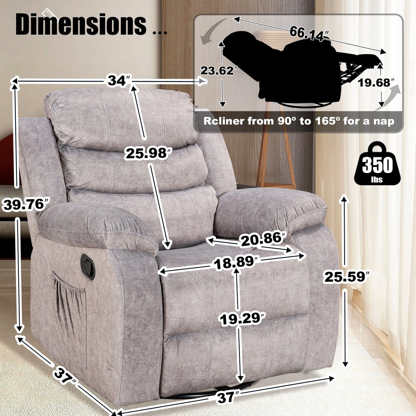 Fauteuil inclinable standard avec fonction bascule et pivot pour salon