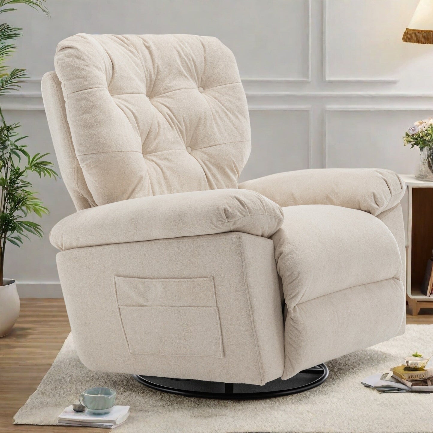 Fauteuil inclinable pivotant en polaire de taille standard avec inclinaison manuelle, repose-pieds et support de maternité