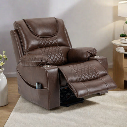 Fauteuil inclinable électrique en cuir de taille standard à double moteur avec chauffage, massage et deux porte-gobelets