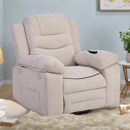 Fauteuil inclinable électrique en lin de taille standard avec massage, chauffage et poche de rangement latérale