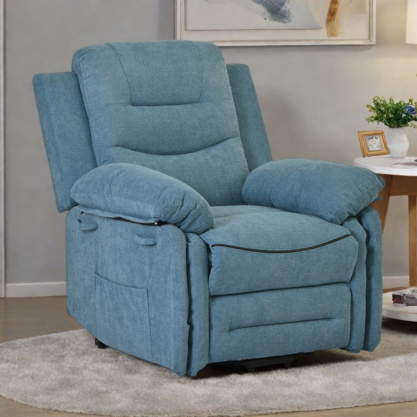 Fauteuil inclinable électrique en lin de taille standard avec massage, chauffage et poche de rangement latérale