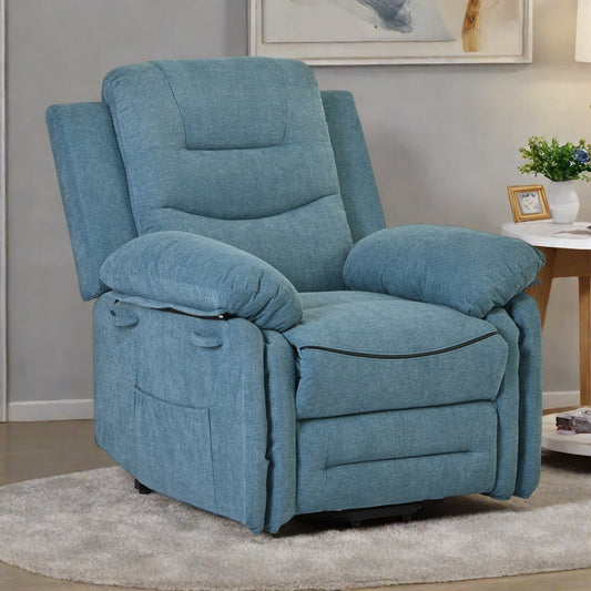 Fauteuil inclinable électrique en lin de taille standard avec massage, chauffage et poche de rangement latérale