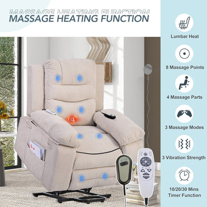 Fauteuil inclinable électrique en lin de taille standard avec massage, chauffage et poche de rangement latérale