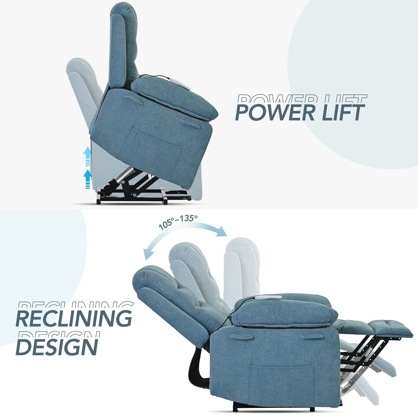 Fauteuil inclinable électrique en lin de taille standard avec massage, chauffage et poche de rangement latérale
